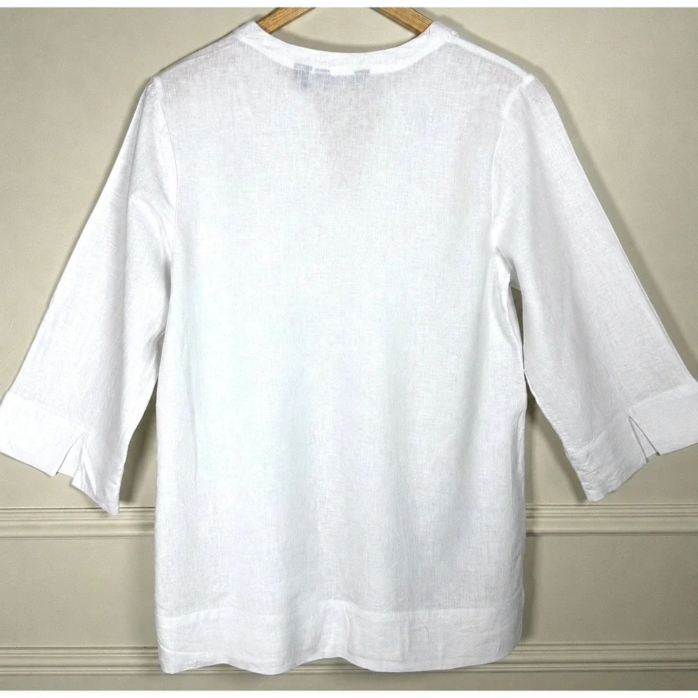 Lands' End White Linen Blend Split Neck Tunic Blouse S Coastal Resort Minimalist